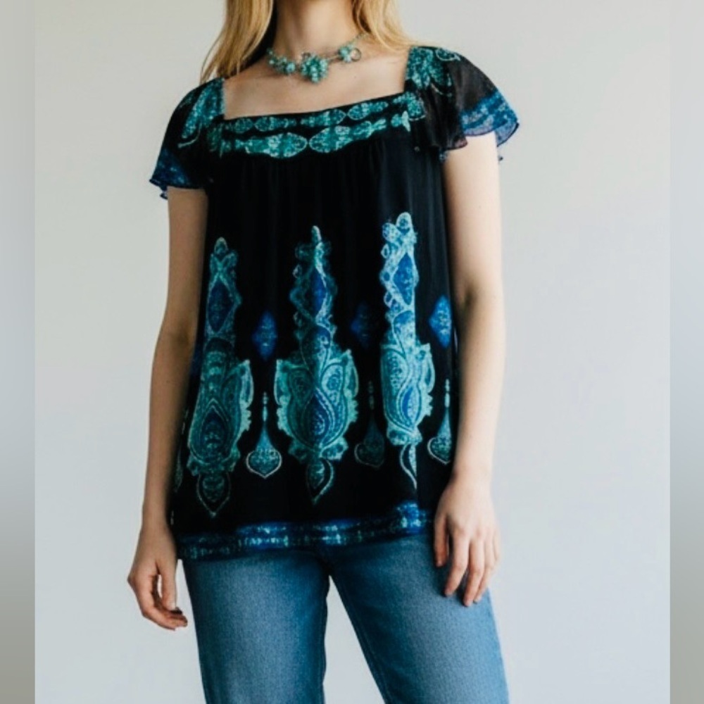 INC International Concepts Black and Teal Patterned Top